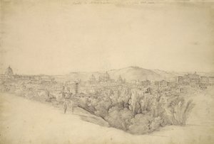 Udsigt fra Sabine-bakkerne over Tivoli i Campania med Anion-kløften til højre (blyant med sepia-vask på papir)